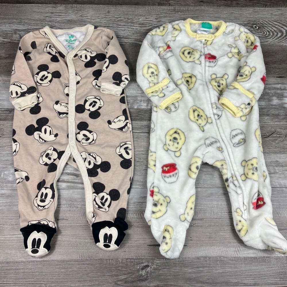 Disney Baby Mickey Mouse Winnie Pooh Footed Sleeper Bundle 3-6M 2 Pack